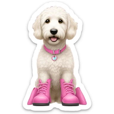 A white golden doodle wearing pink booties  sticker
