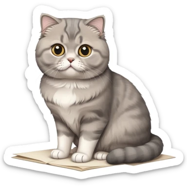 a gray Scottish fold cat sitting on a piece of paper sticker