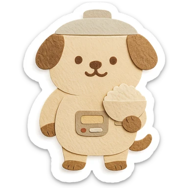 round-bellied rice cooker dog, holding a rice bowl, soft cream and brown tones, full-body sticker