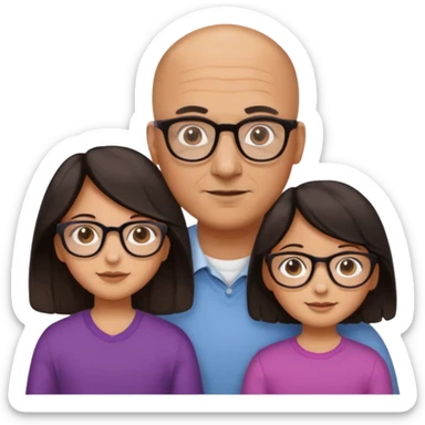 Papà calvo con occhiali, mamma capelli neri occhi marroni no occhiali, figlia capelli marroni mossi e occhiali tartarugati con montatura spessa occhi marroni, figlia capelli lisci marroni occhiali neri con montatura grande e fina occhi marroni  sticker
