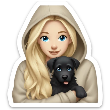 White girl blue eyes Blonde balayage long hair beige hoodie cuddling happy black dog sticker