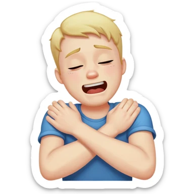 man with crossed arms choking himself while crying laughing sticker