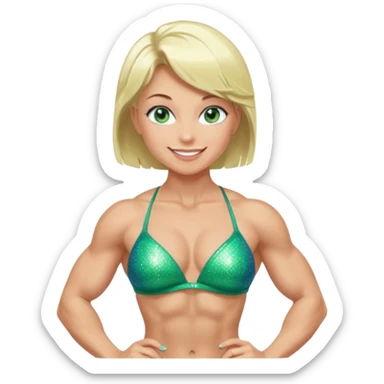 Bodybuilder woman with sparkly green bikini, blue eyes, a smile and short light blonde hair in a bodybuilding side pose sticker