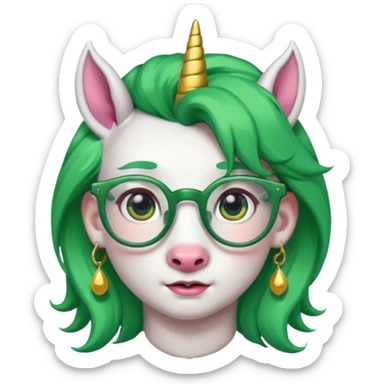 unicorn with green hair and big earrings looking into camera and spectacle sticker