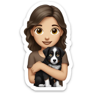 girl with brown hair and blue eyes holding black australian shepherd puppy sticker