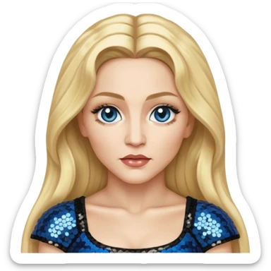 Madonna with blonde long hair, black sequin crop top, blue eye sticker