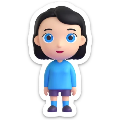 AI emoji character with black hair and blue eyes, standing straight forward, slightly smiling sticker