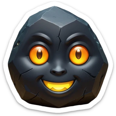 Single black obsidian rock character, thick and heavy with sharp facets and subtle reflections, carved cute face with glowing round eyes and a small smile, 3D render, high detail, soft backlighting, isolated on a plain dark background. sticker