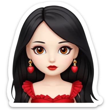 fair skin, long black straight hair, brown eyes, doll-like make up, wearing a red coquette dress, close up sticker