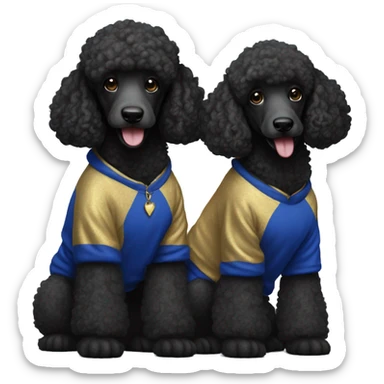 Two black poodles wearing royal blue and gold hoodies sticker