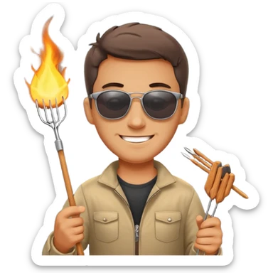 A guy in sunglasses holding tongs, proudly turning skewers over glowing charcoal. sticker