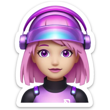 “Futuristic Roblox girl emoji, 2050 style. Pink-purple holo visor, light-strand hair, digital eyes sparkle, metallic pastel glow, neon aura background.” sticker