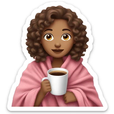 light skin Brunette girl with curly hair in a cozy pink blanket while drinking coffee sticker