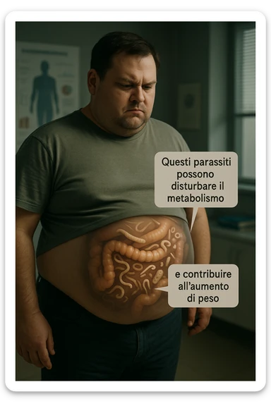 cinematic photo an overweight man is shown with a semi-transparent abdomen, highlighting the intestines filled with various types of parasites (such as worms or protozoa). Educational callouts explain how these parasites can disrupt metabolism and contribute to weight gain. The setting is a medical office, with charts and diagrams in the background. in italiano sticker
