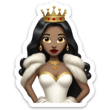 Queen with pale skin, long black hair, bright red lips, skinny gold crown, white dress, and evil stare.  sticker