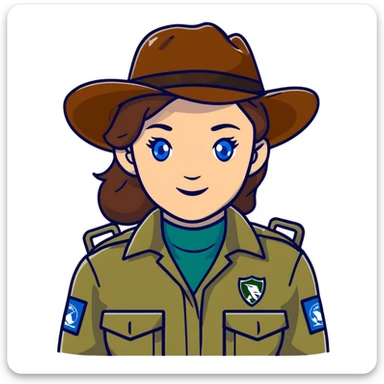 white woman park ranger with brown hair and blue eyes in a nature background sticker