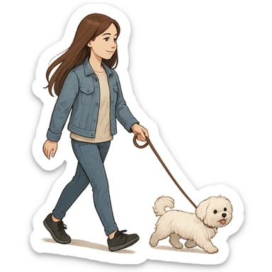 brunette girl with long hair walking a Maltese dog on a leash sticker
