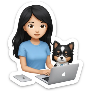 Asian girl with long black hair, wearing a light blue t-shirt, working on an Apple laptop, beside a small black and white dog sticker