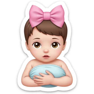 White newborn baby with short brown hair and pink bow sticker