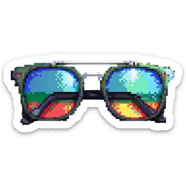 Y2K style pixelated sunglasses with reflective lenses, chrome frames, digital millennium aesthetic sticker