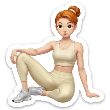 Ginger girl gym sit ups middle part slick back bun cream outfit sticker