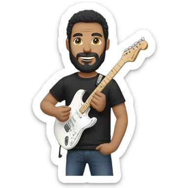 white man with dark beard and black t shirt and pastel pink stratocaster electric guitar sticker