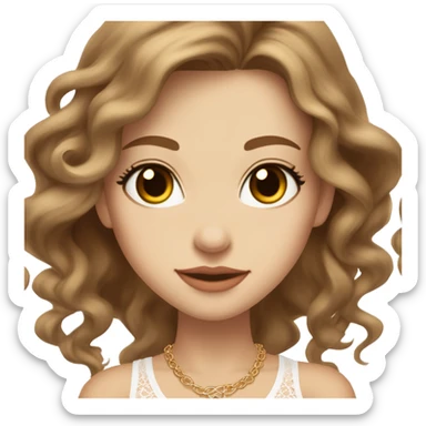 fair-skinned girl with light brown, almond-shaped eyes and long lashes. long, light brown hair styled in a voluminous, wavy blowout. wearing a delicate white lace tank top and a dainty gold necklace, creating an elegant and feminine look. sticker