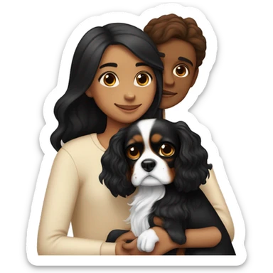 girl with black hair, and light skin, hugging two black and brown cavalier king charles spaniel  sticker