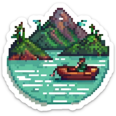 mountains with sea and a small boat sticker