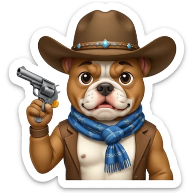 A bulldog wearing a cowboy hat, covering his mouth with a scarf so he wouldn't be recognized, pointing a revolver at you, telling you to hand over your money. sticker