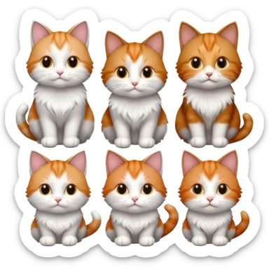 6 cats with different coloured coats, 2 are grey and white, 1 is grey with a little white, 1 calico, 1 brown tabby and white and one ginger and white sticker