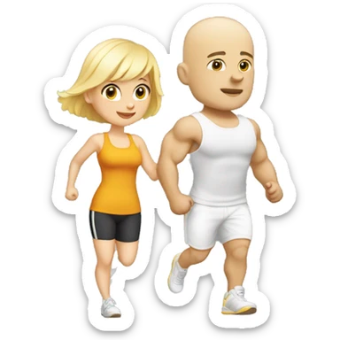 Blond girl going to the gym with a bald guy with white beart sticker