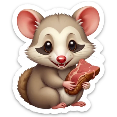 A cartoonish opossum happily munching on a juicy piece of meat, with a playful expression and a small bone in the background, simple and cute style, emoji design. sticker
