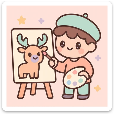 a man painting an elk, stylized and creative, cute and colorful, playful design sticker