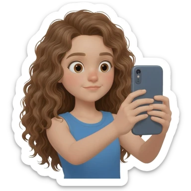 Menina branca,de olhos castanhos claros, com cabelos longos encaracolados gravando vídeo em um iPhone sticker