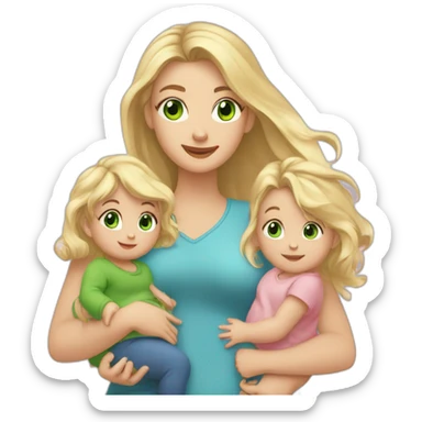 a girl with long blonde hair and green eyes, holding 1 little baby boy and 1 little baby girl, and a blonde toddler girl is standing nearby sticker