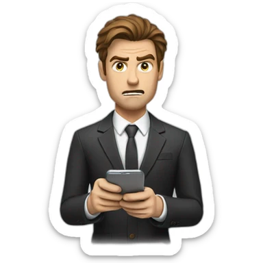 White man with brown hair in a suit writing messages on his cell phone with an angry face sticker