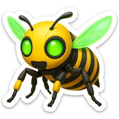 Create a robotic bee with green glowing energy wings in the style of apple emojis, focusing on concise and clear emoji style representation. sticker