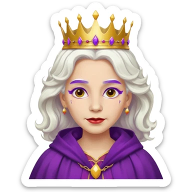 Queen with wavy white hair – golden crown, purple robe, red face paint mark sticker
