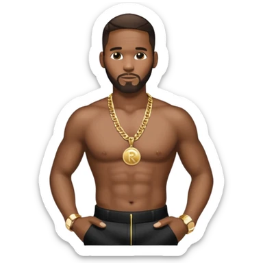 R Kelly with dark brown hair, metallic black pants, shirtless with necklace sticker