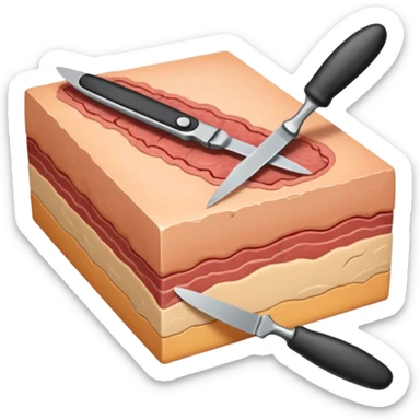 bisturi médico cortando um bloco de pele, mostrando as camadas internas (epiderme, derme e hipoderme), sem o medico sticker