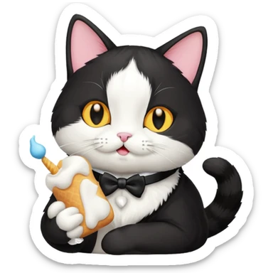 tuxedo cat eating a marshmallow sticker