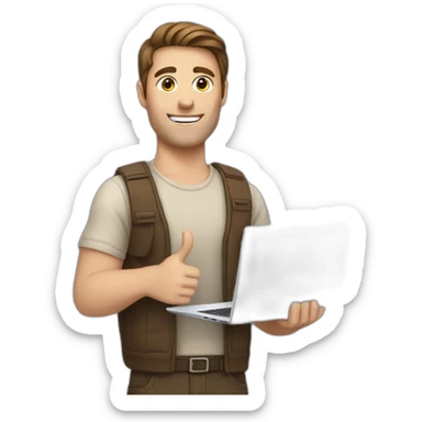 white man brown hair holding laptop thumbs up sticker