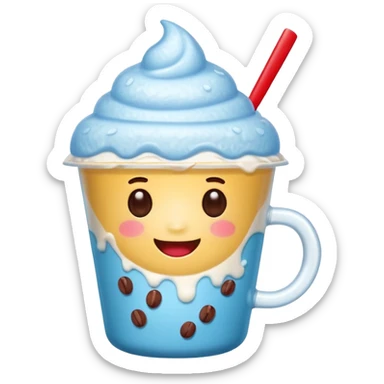 cute smiling shaved ice emoji character in a transparent MEGA COFFEE cup, topped with red beans and a tiny milk drizzle, round eyes, chubby cheeks, happy expression, minimal and expressive, LINE emoji style sticker