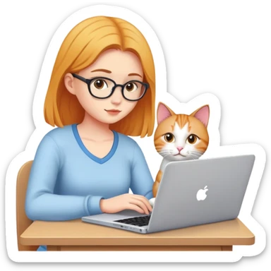 A girl is working hard on a laptop with a cat next to it sticker