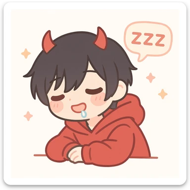 anime teenager with short emo black hair, red eyes, wearing a red hoodie and red devil horns, falling asleep leaning forward, drooling, with three ZZZ's horizontally in a speech bubble sticker