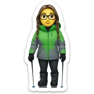 Green-eyed, fat female skier with long straight hair, glasses, grey snow jacket, long black pants, black only snow boots, wearing black skis standing tall. sticker