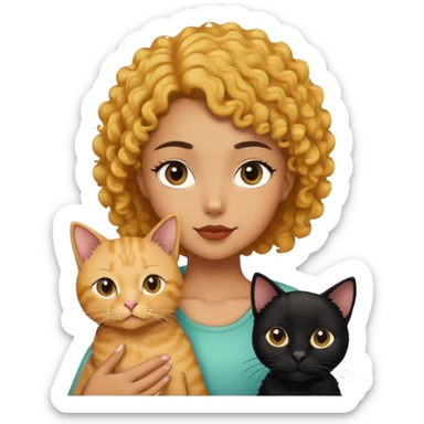 The girl is holding a black cat, a yellow shorthair cat and a curly-haired dog sticker