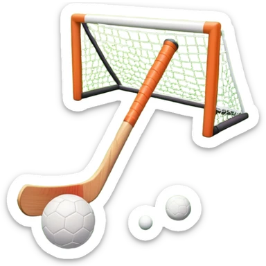 A field hockey stick and ball on a vibrant green grass field, with goalposts and clear field markings in the background. The scene emphasizes the bright, lush grass, highlighting the fast-paced and strategic nature of hockey on a well-maintained pitch. sticker