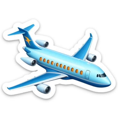 A wide-body aircraft with tall tail fins and glowing cabin windows cruising at high altitude.
 sticker